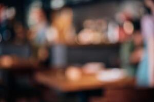 Coffee shop blur background with bokeh lights. Blurred outlines of bar and tables, dim lights photo