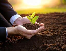 environment cooperation. unity of business people and community together protection small sprout with hand. future environment cosevation and sustainable modernization development photo