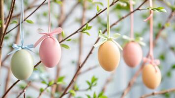 coloré Pâques des œufs pendre de une arbre, création une joyeux vibe video
