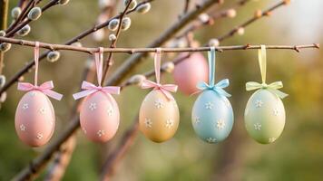 Colorful Easter eggs hang from a tree branch, creating festivity video