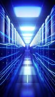 Walking Through a Digital Hub of Servers with Fast-Flowing Blue Data Lines video
