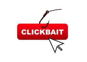 Clickbait concept with hook and cursor over red rectangular button illustrating misleading tactics vector