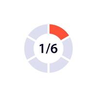 Progress icon showing one sixth completed in circular design with bold black text detail vector
