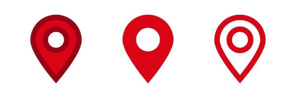 Three vibrant red location markers with different solid and outlined design variations vector