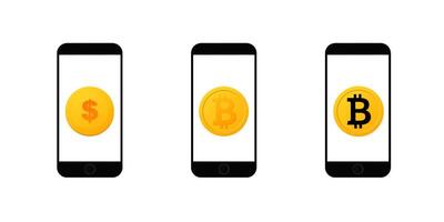 Smartphones displaying dollar and bitcoin symbols indicating digital currency concepts vector
