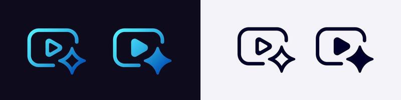 Blue and white media icons with play button and sparkle symbols in different styles vector