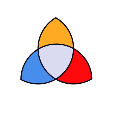 Colorful venn diagram with red blue yellow overlapping circles forming artistic design