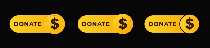 Three yellow donate buttons with dollar symbols in horizontal arrangement vector
