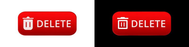 Red delete buttons with white trash can symbols and bold text in two color variations vector