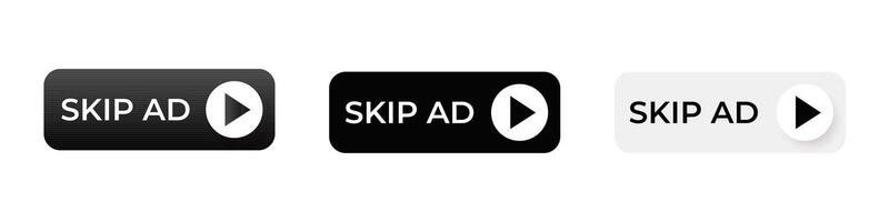 Three different skip ad buttons with play icon in various designs and colors vector
