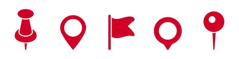 Red location markers and flags with varied pointed shapes for maps and navigation vector
