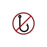 Prohibition sign for fishing symbol with black hook encircled by red circle vector