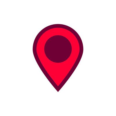 Bright red location pin symbol with dark circle center on white plain