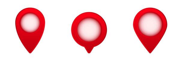 Three red location pins with gradient centers for map navigation and pointing vector