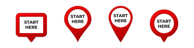 Red location pins with start here text in various shapes for navigation or map use vector