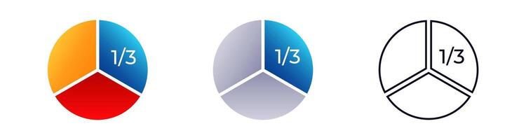 Three variations of a pie chart divided into equal thirds with highlighted sections vector
