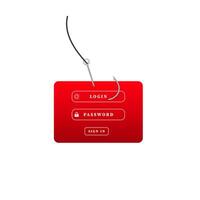 Red login screen with phishing hook highlighting security threat concepts vector