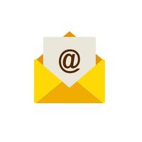 Open yellow envelope with email symbol inside depicting communication concept vector