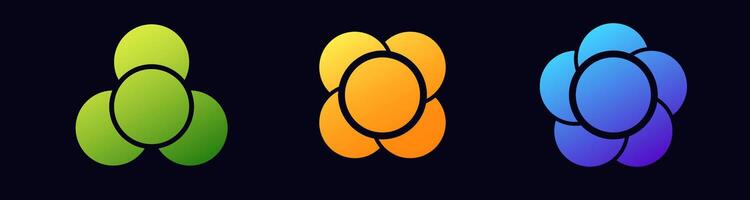 Three colorful abstract flower designs in green orange and blue with simple circular shapes vector