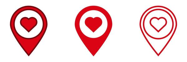 Three heart-shaped location markers in bold red tones symbolizing love and connection vector