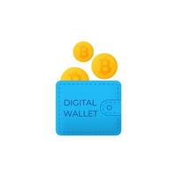 Bright blue digital wallet with three floating bitcoin coins in simple design vector