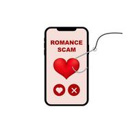 Digital trap romance scam warning with heart icon and hook on mobile phone screen vector