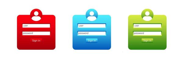 Three colorful login buttons with username and password fields in red blue and green designs vector