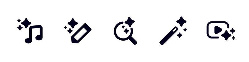 Music note, eraser, magnifying glass, magic wand, and play icons with sparkles vector