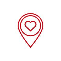 Red heart map pin icon represents love and location in simple design with bold lines vector
