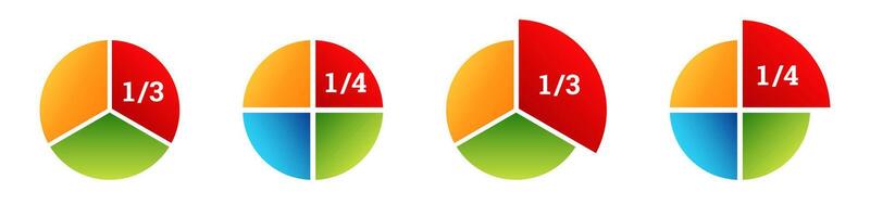 Four colorful pie charts displaying fractions with red blue yellow and green segments vector