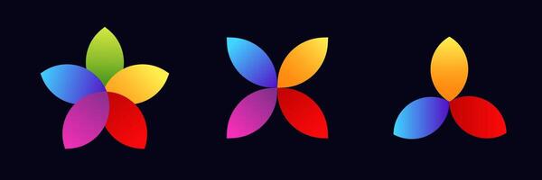 Colorful abstract shapes with five four and three overlapping petals vector