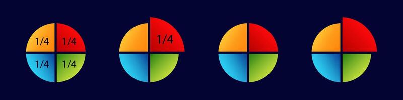 Four colorful pie charts showing proportions and quarter segments in circular graphic format vector