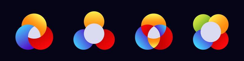 Four distinct colorful venn diagrams displaying overlapping circles and gradients vector
