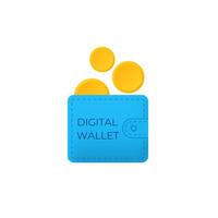 Blue digital wallet icon with three gold coins floating above it vector