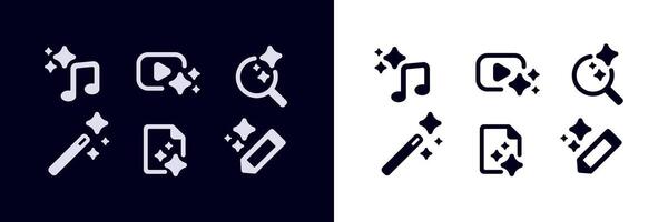 Two sets of monochrome icons featuring music notes, magnifying glass, and magic wand vector