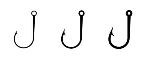 Three fishing hooks in different sizes displayed in a row vector
