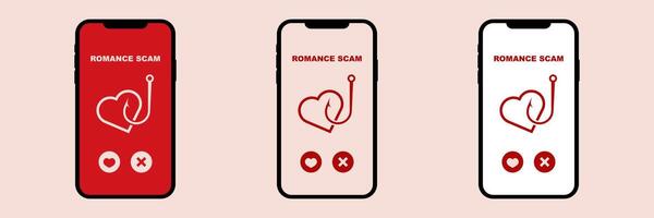 Three smartphones displaying romance scam with heart and hook icons on screens vector