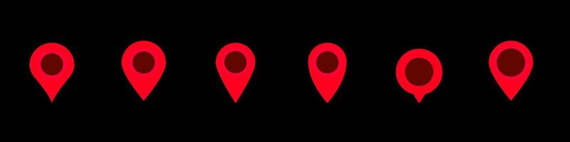 Six red map pin icons aligned horizontally show variations in design and shape vector