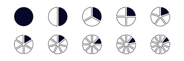 Various stages of pie chart division showing increasing segmentation and complexity vector