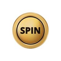 Golden button with the word spin in bold black letters for interactive game interface vector