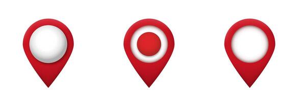 Three red location markers with white and red circle centers in different styles vector