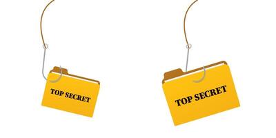Fishing hooks attached to top secret yellow folders symbolizing cybersecurity threats vector