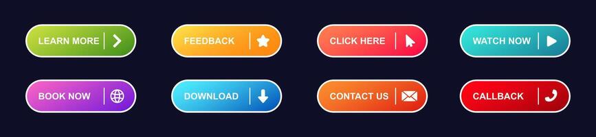 Colorful buttons with different actions including icons for online platforms and websites vector