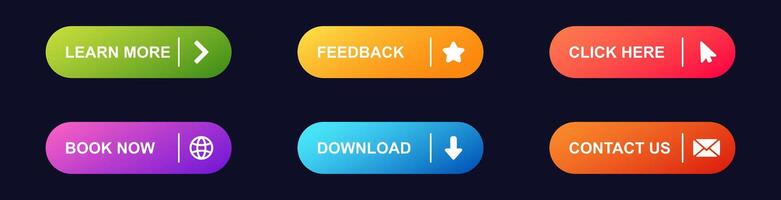 Colorful buttons for learn more book now download feedback and contact us click here vector