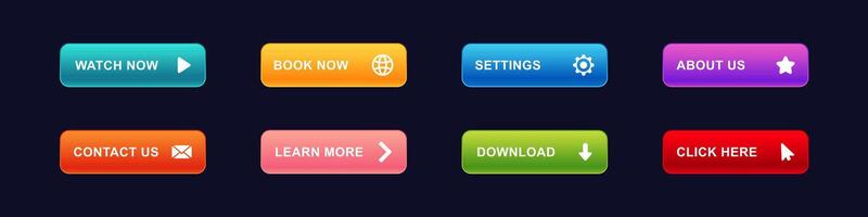 Colorful web buttons for navigation and actions with text and icons in various shapes vector