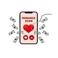 Romance scam concept with smartphone displaying heart and hook symbols for deception awareness vector