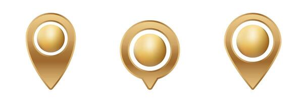 Three golden map location markers with circular design on white vector
