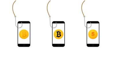 Digital security risks. smartphones with hooked cryptocurrency and dollar symbols vector