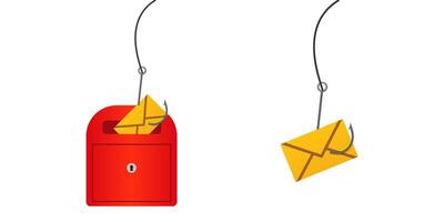 Red mailbox and yellow envelopes on hooks illustrate concept of email phishing or data theft vector