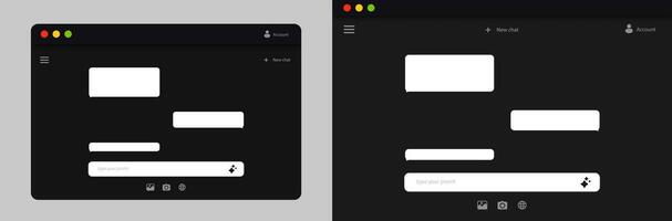 Two dark-themed chat interfaces displaying simple text speech bubbles and user interface elements vector